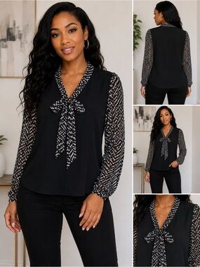 Kim Rogers Black Tie-Neck Geometric Print Blouse